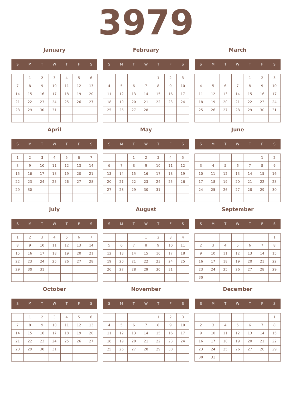 Printable 3979 Year Calendars coffe