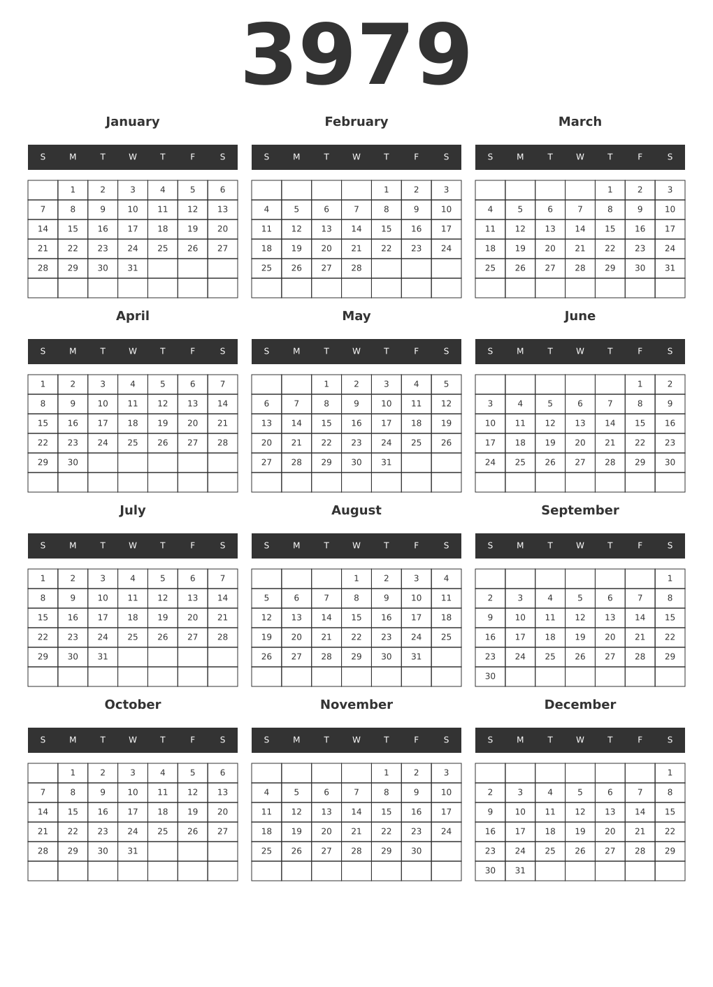 Printable 3979 Year Calendars dark