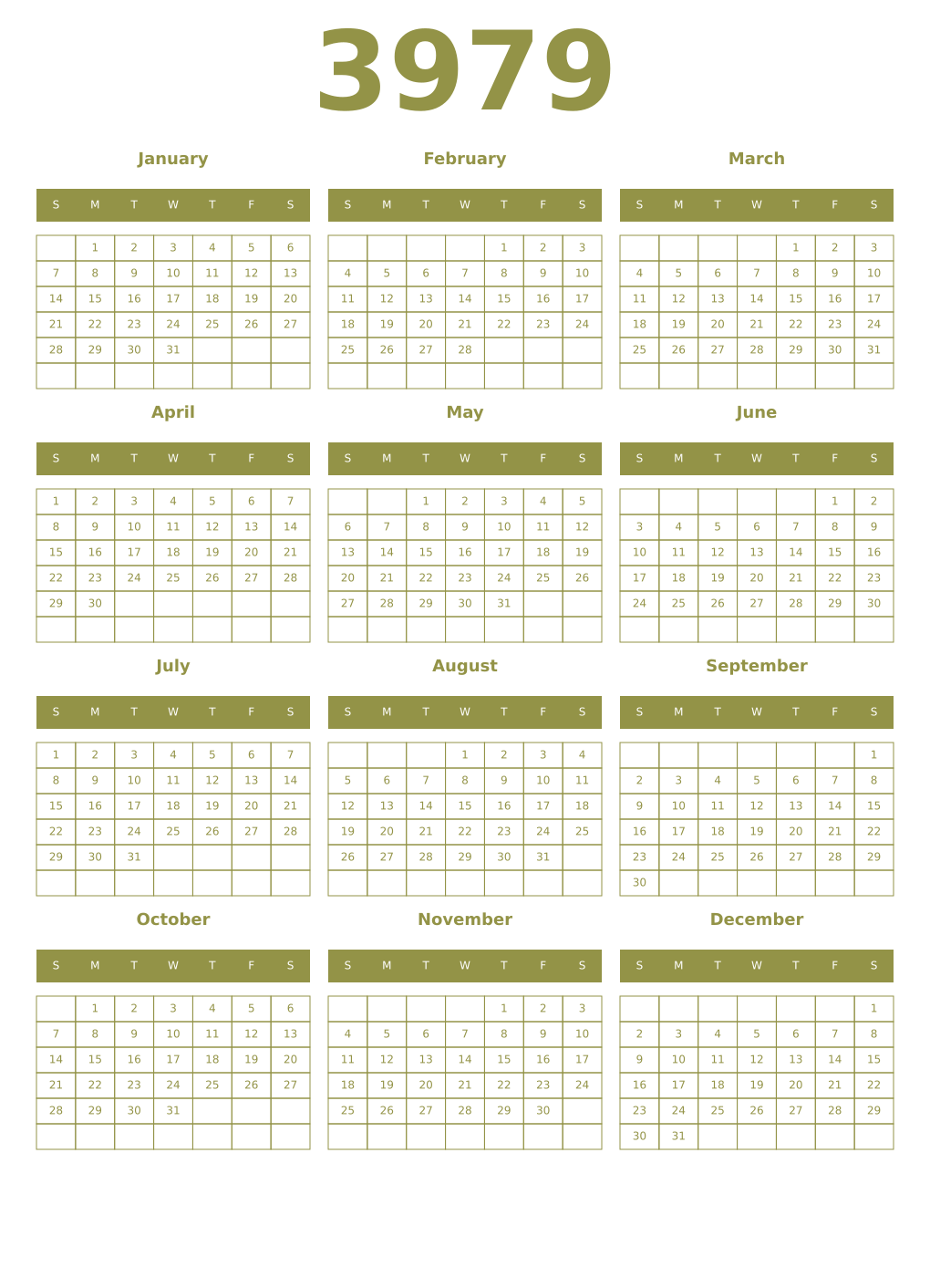 Printable 3979 Year Calendars eburnean