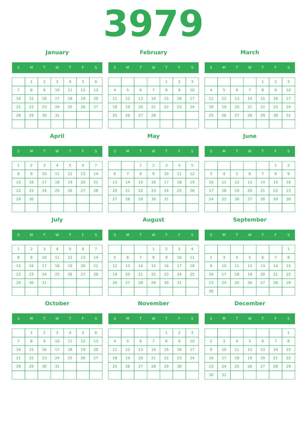 Printable 3979 Year Calendars green