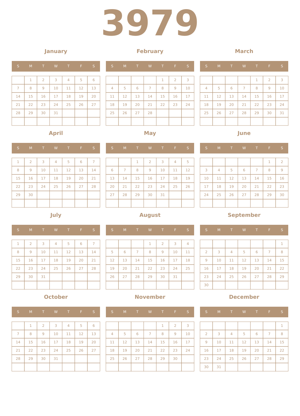 Printable 3979 Year Calendars isabelline