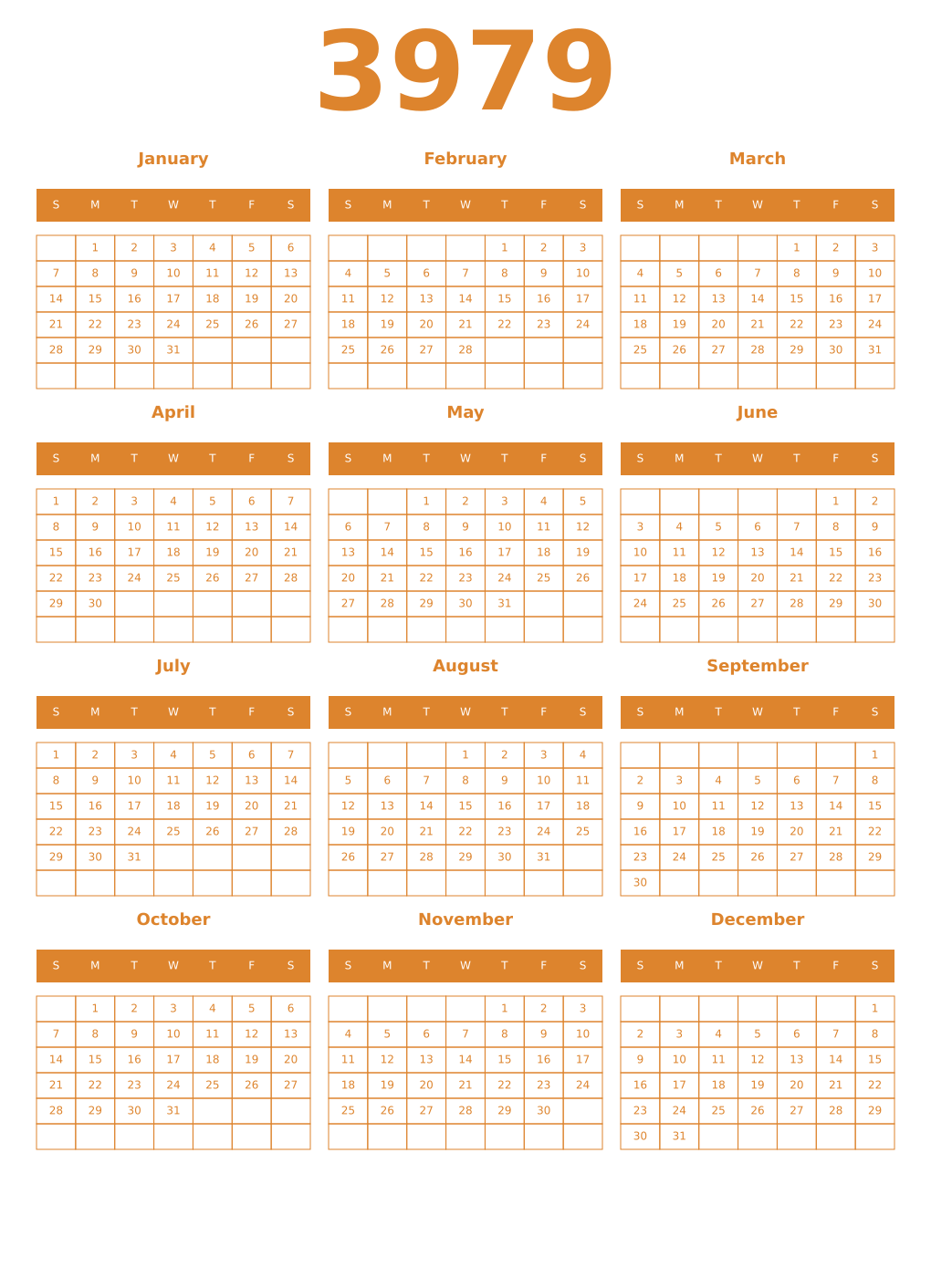 Printable 3979 Year Calendars orange