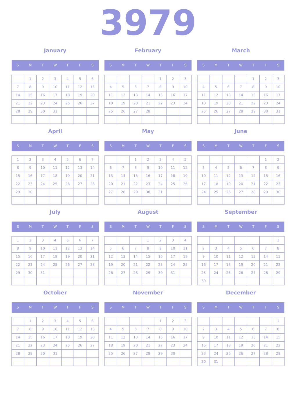 Printable 3979 Year Calendars periwinkle
