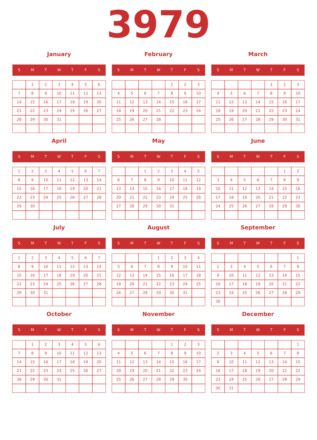 Printable 3979 Year Calendars red