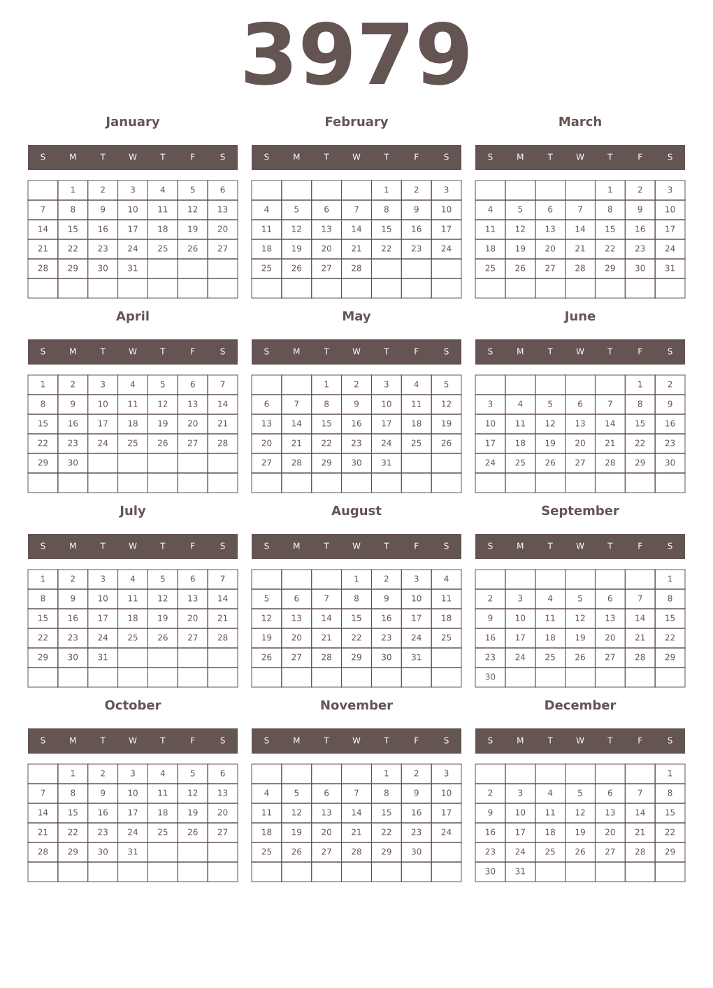 Printable 3979 Year Calendars wenge