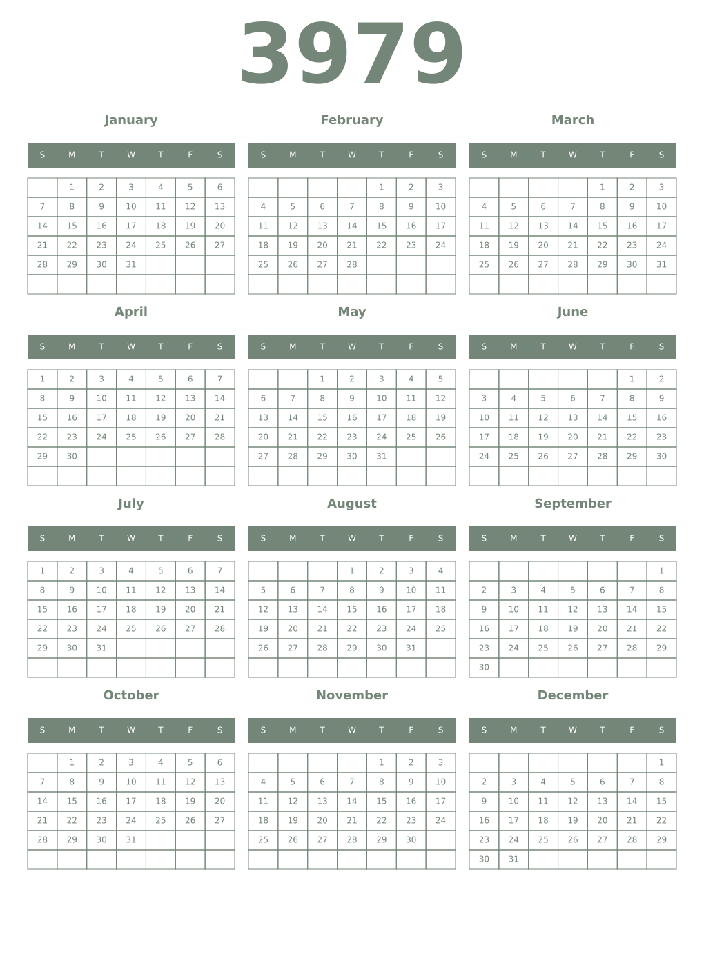 Printable 3979 Year Calendars xanadu