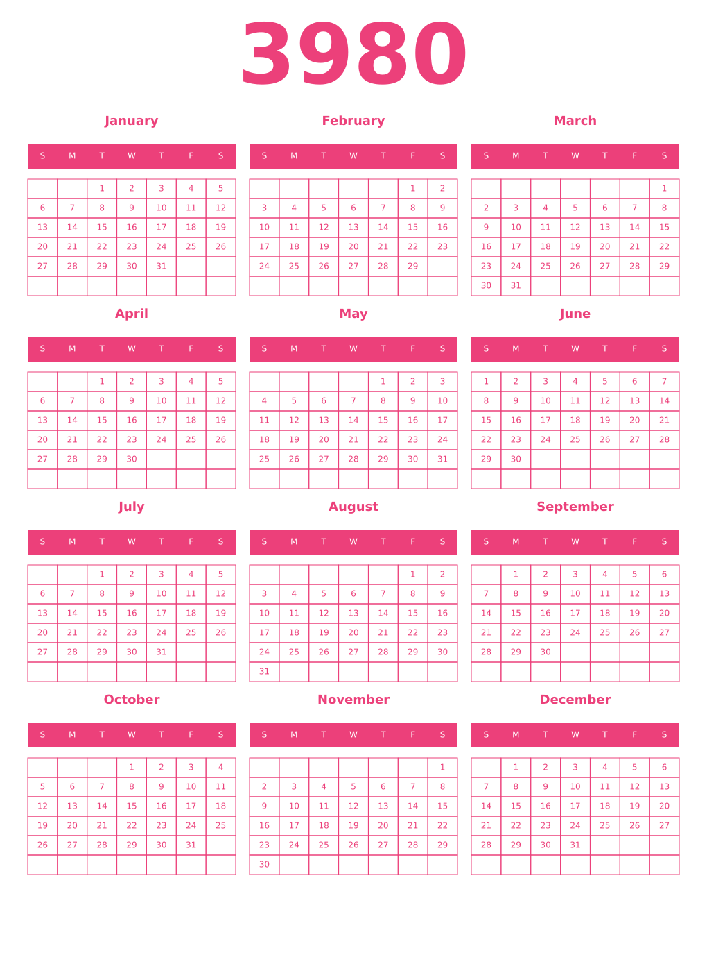 Printable 3980 Year Calendars pink