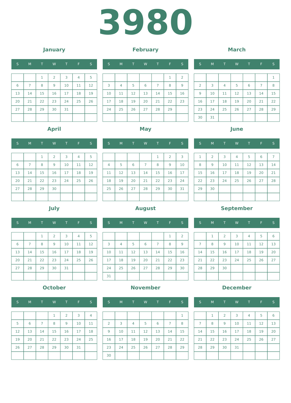 Printable 3980 Year Calendars viridian