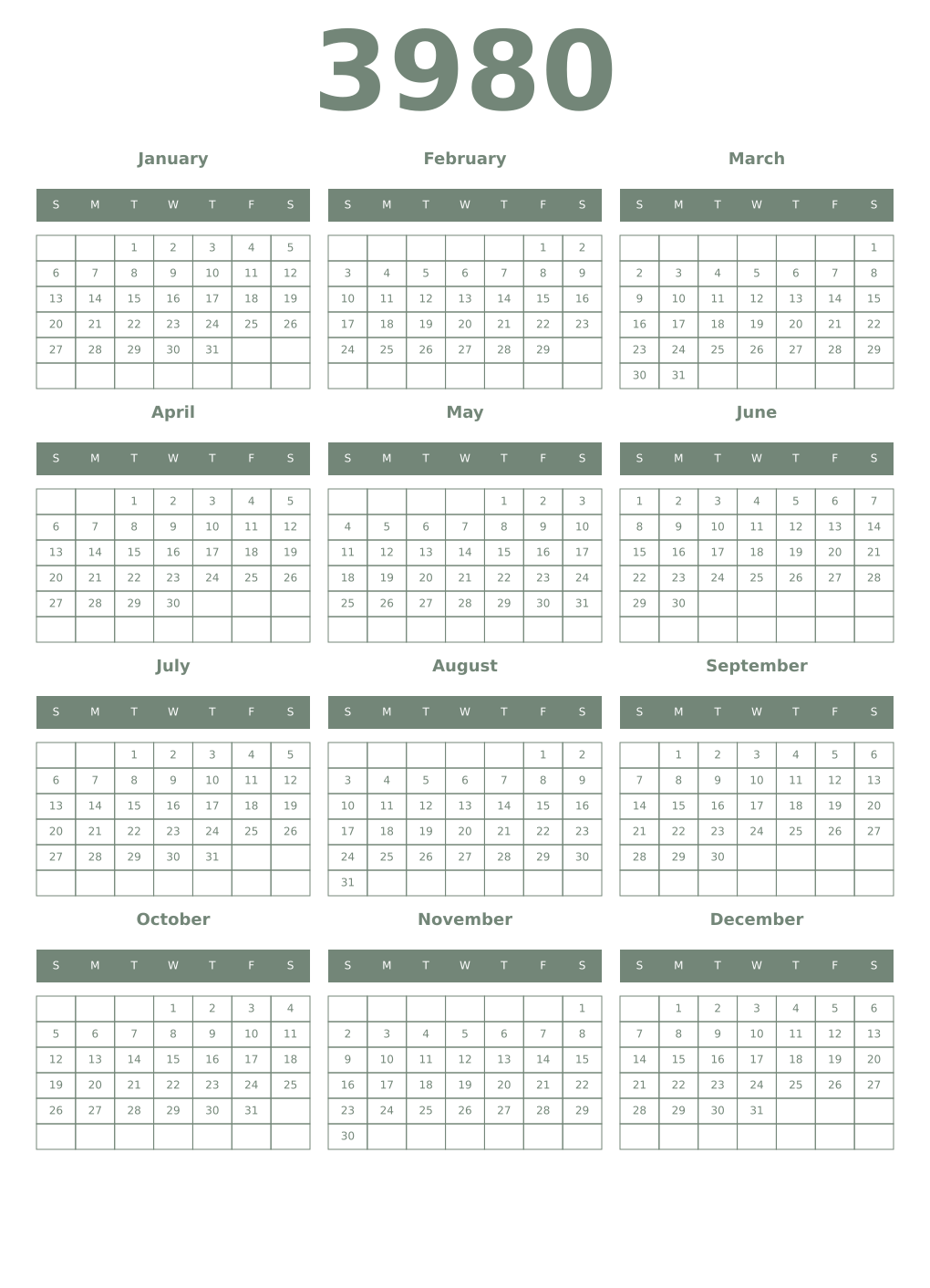 Printable 3980 Year Calendars xanadu
