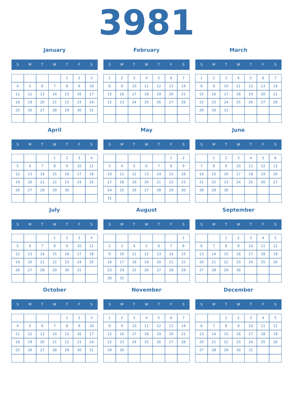 Printable 3981 Year Calendars blue