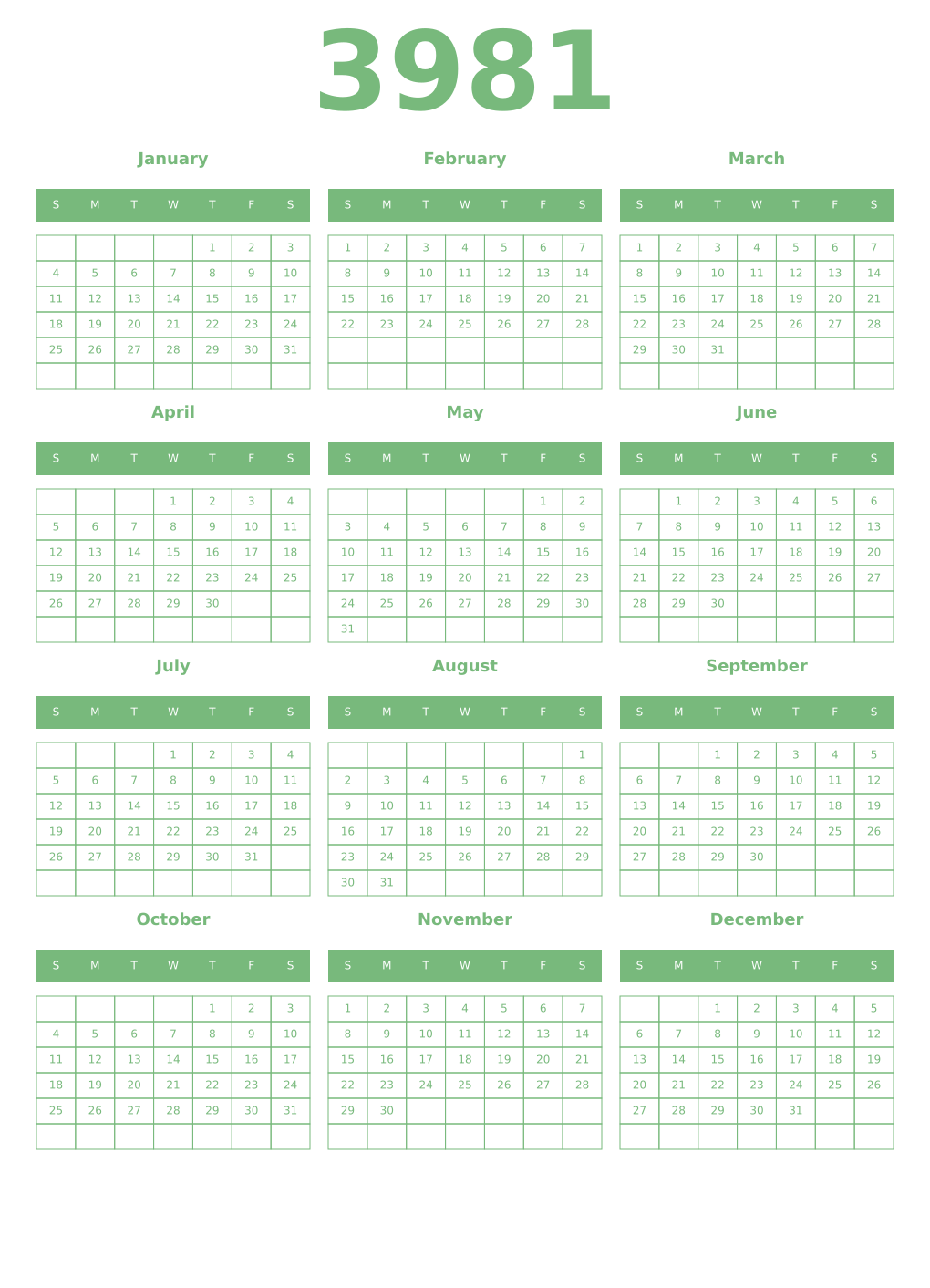 Printable 3981 Year Calendars celadon