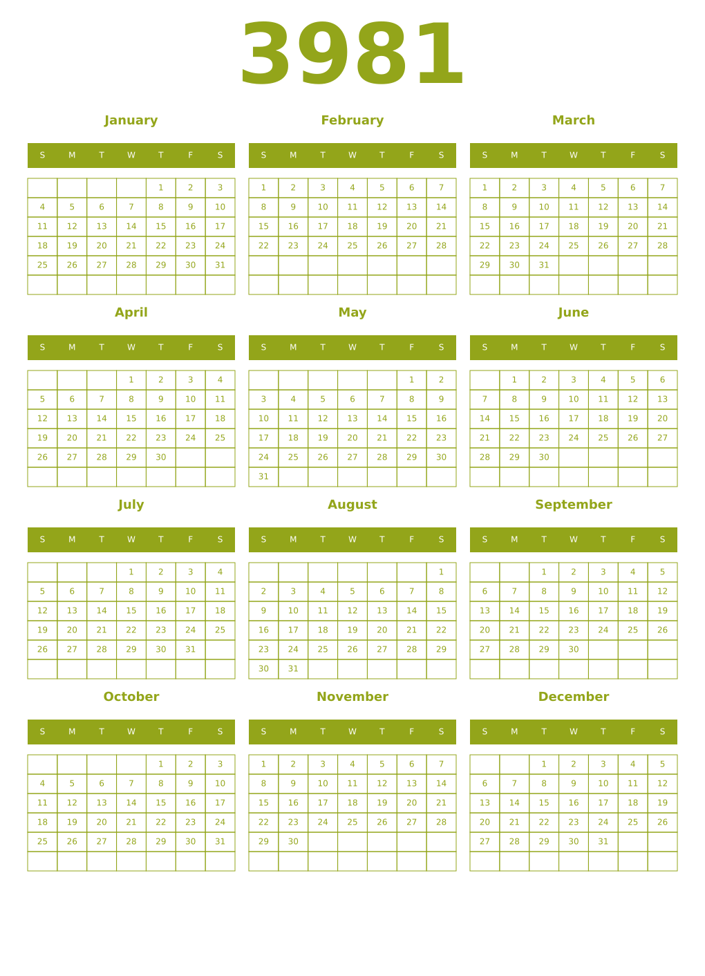 Printable 3981 Year Calendars chartreuse