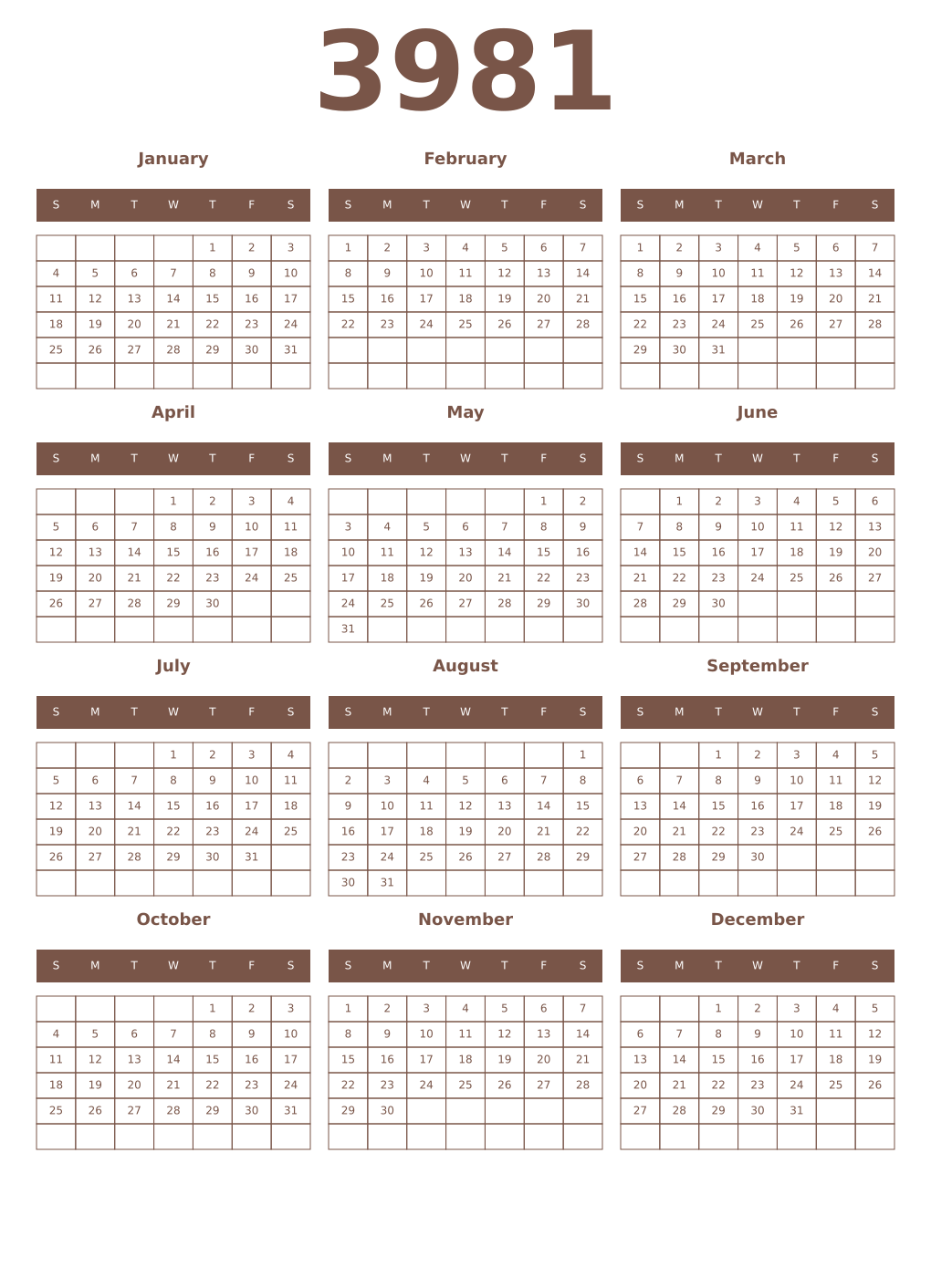 Printable 3981 Year Calendars coffe