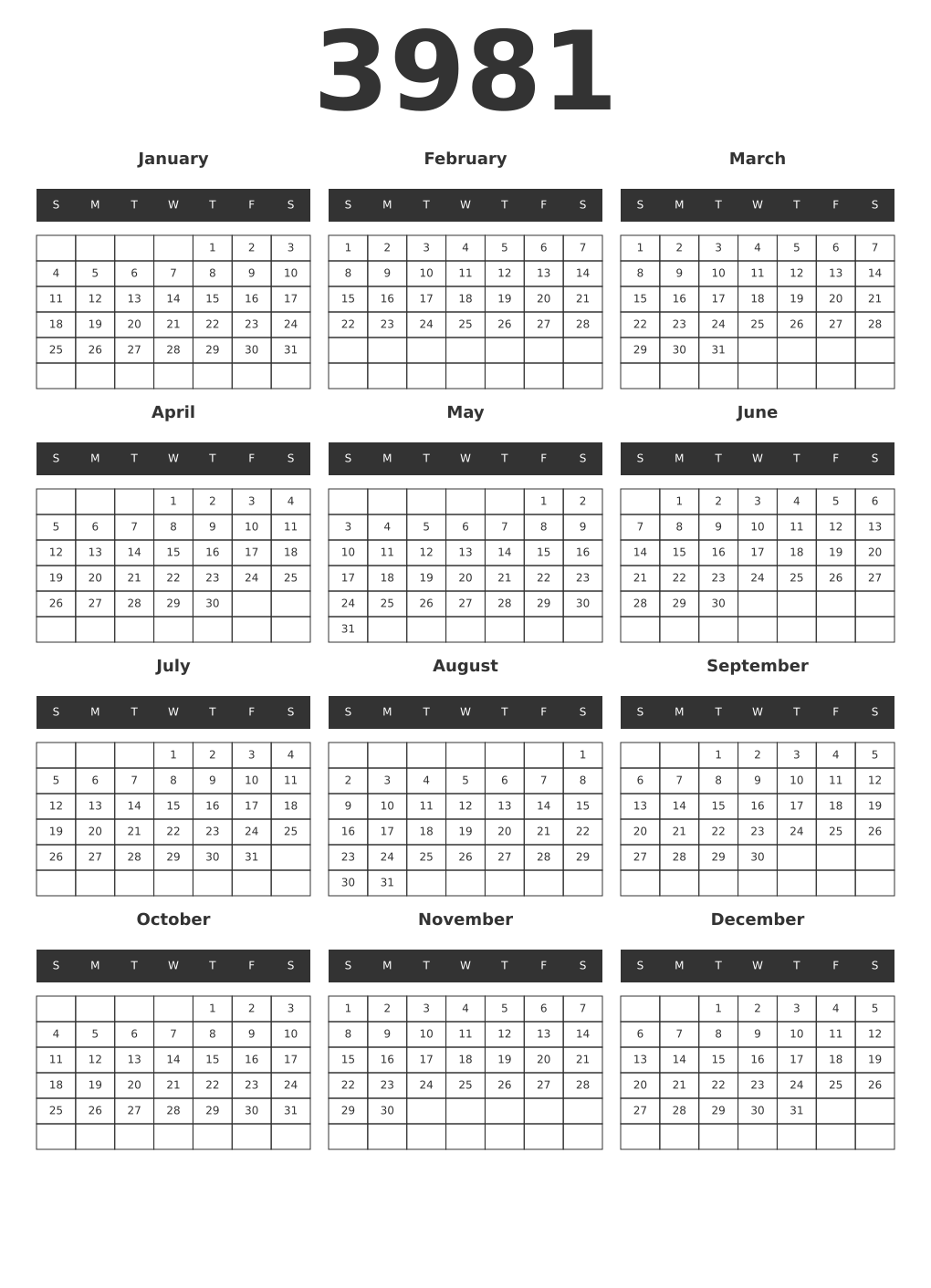 Printable 3981 Year Calendars dark