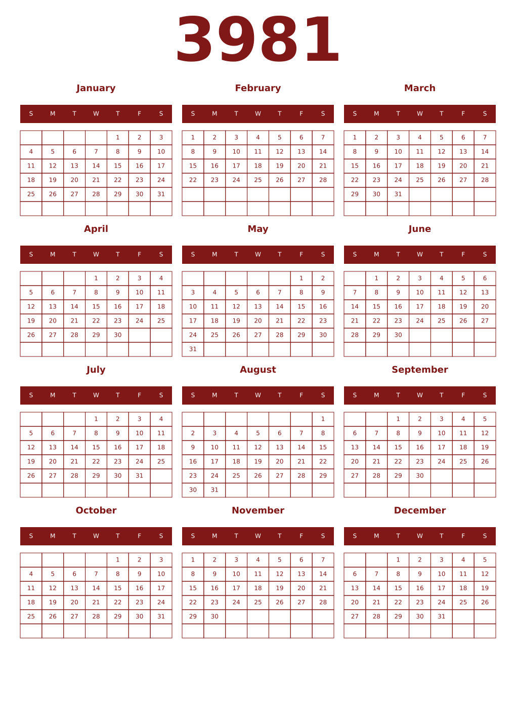 Printable 3981 Year Calendars falu