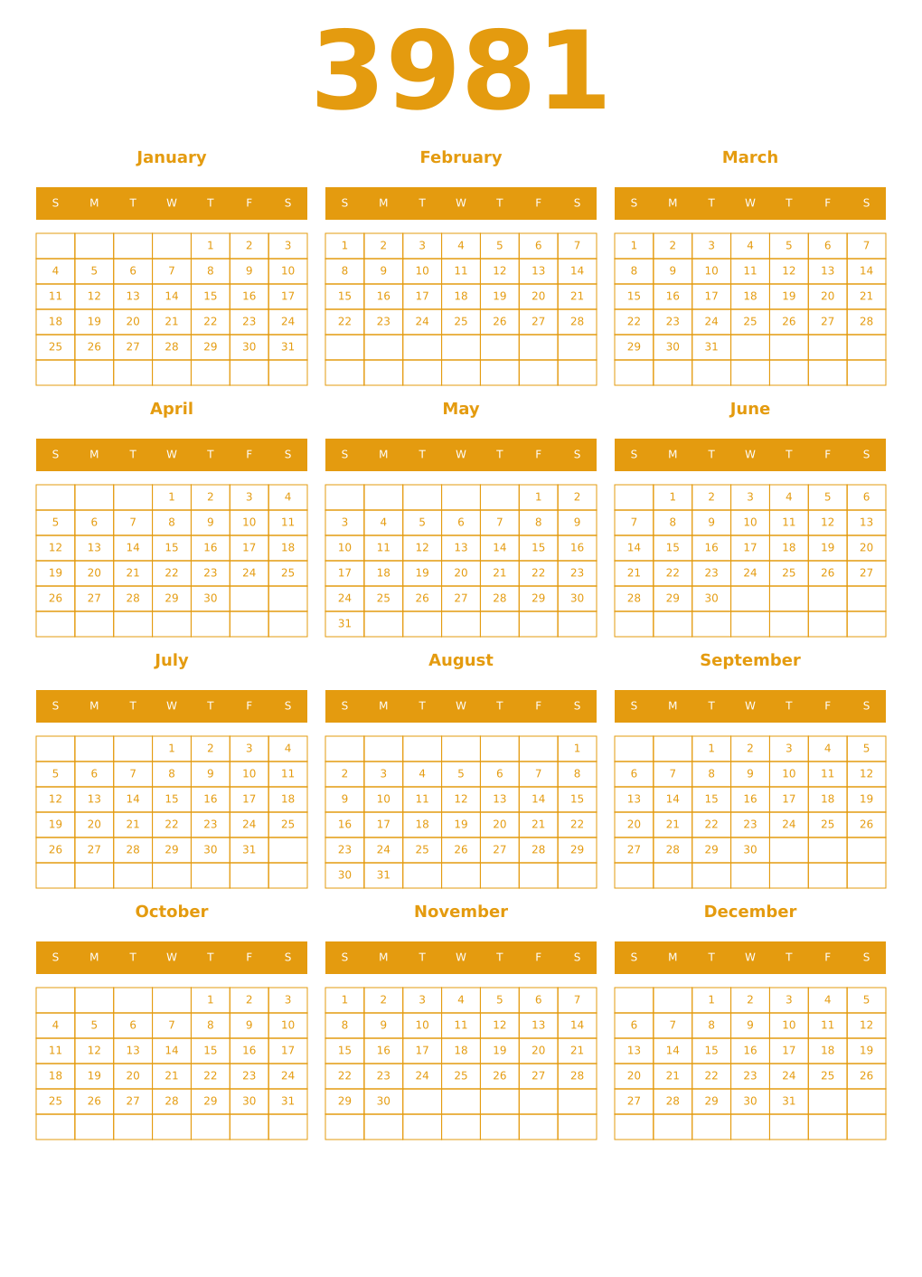 Printable 3981 Year Calendars gamboge