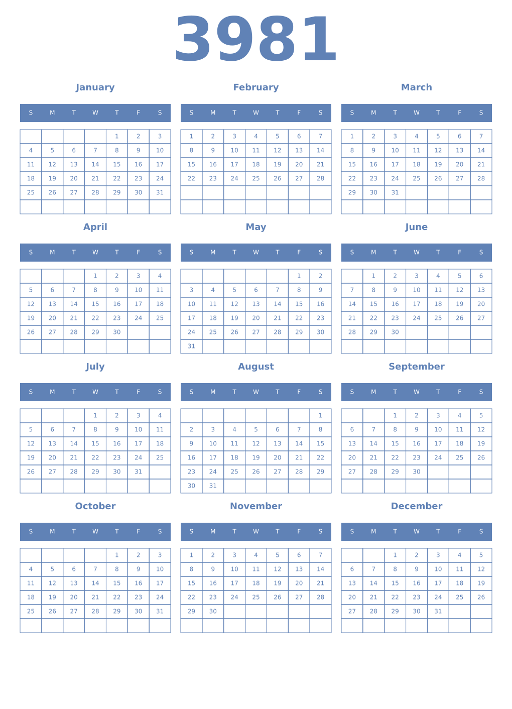 Printable 3981 Year Calendars glaucous