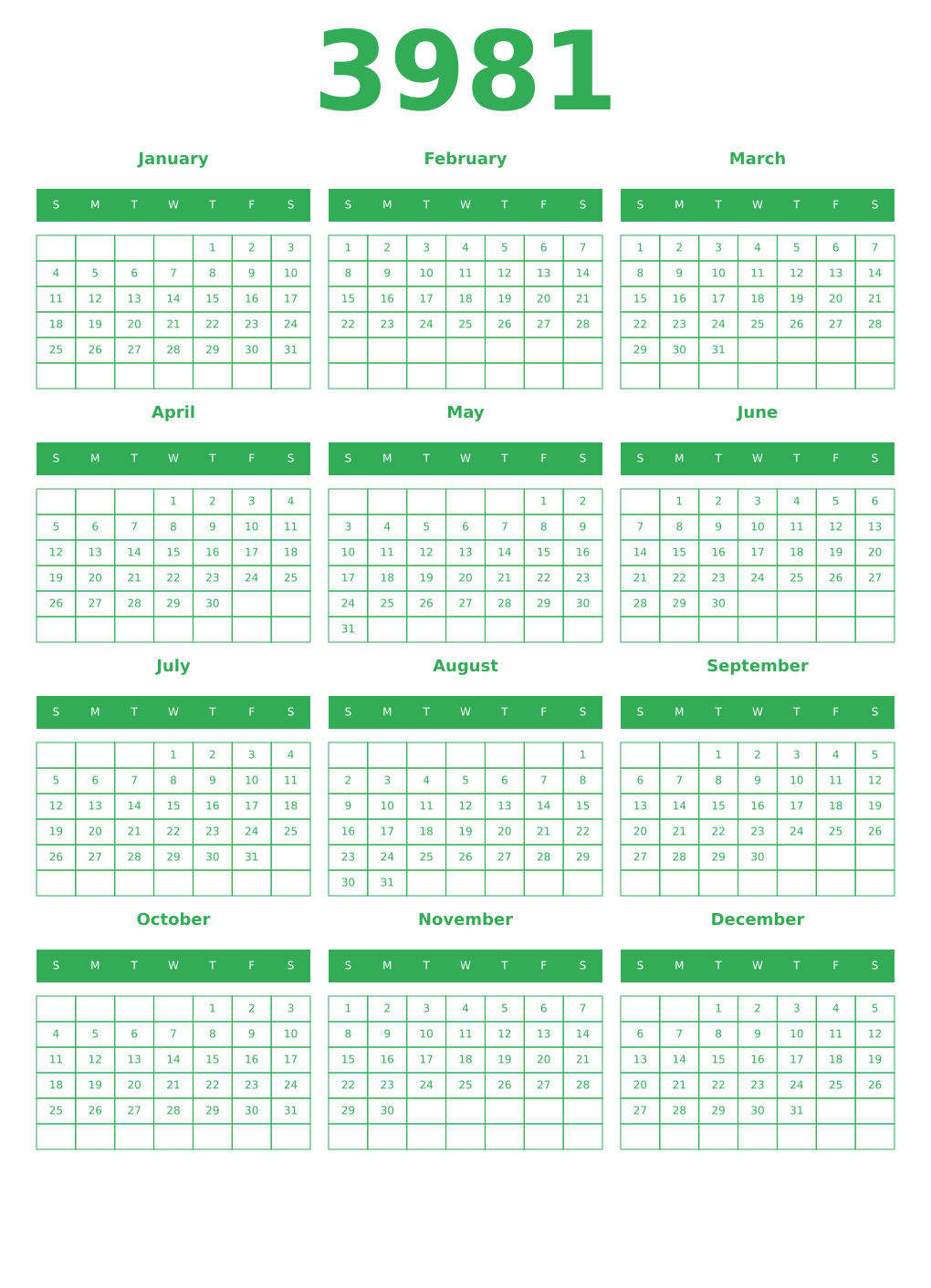Printable 3981 Year Calendars green
