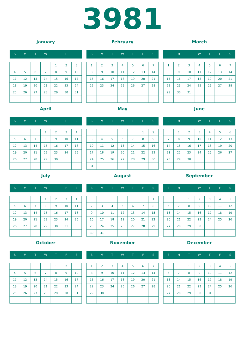 Printable 3981 Year Calendars pastel
