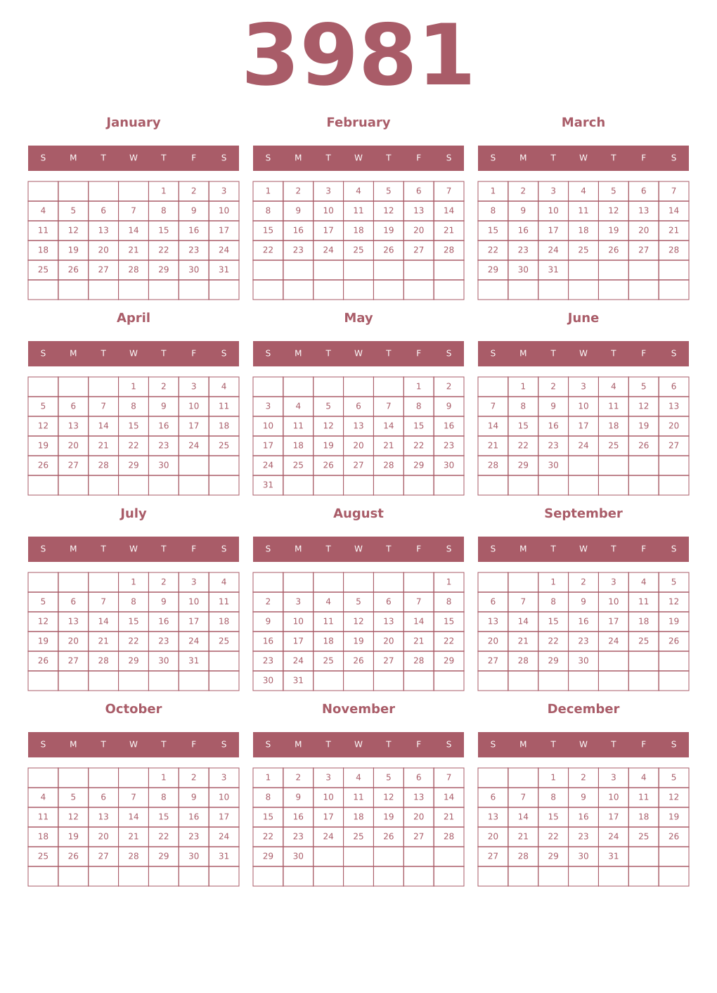 Printable 3981 Year Calendars puce