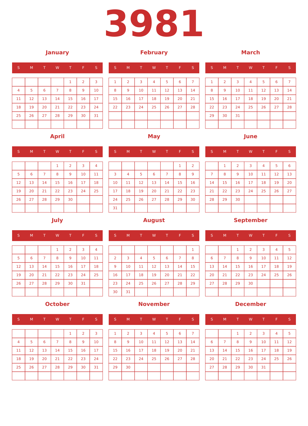 Printable 3981 Year Calendars red