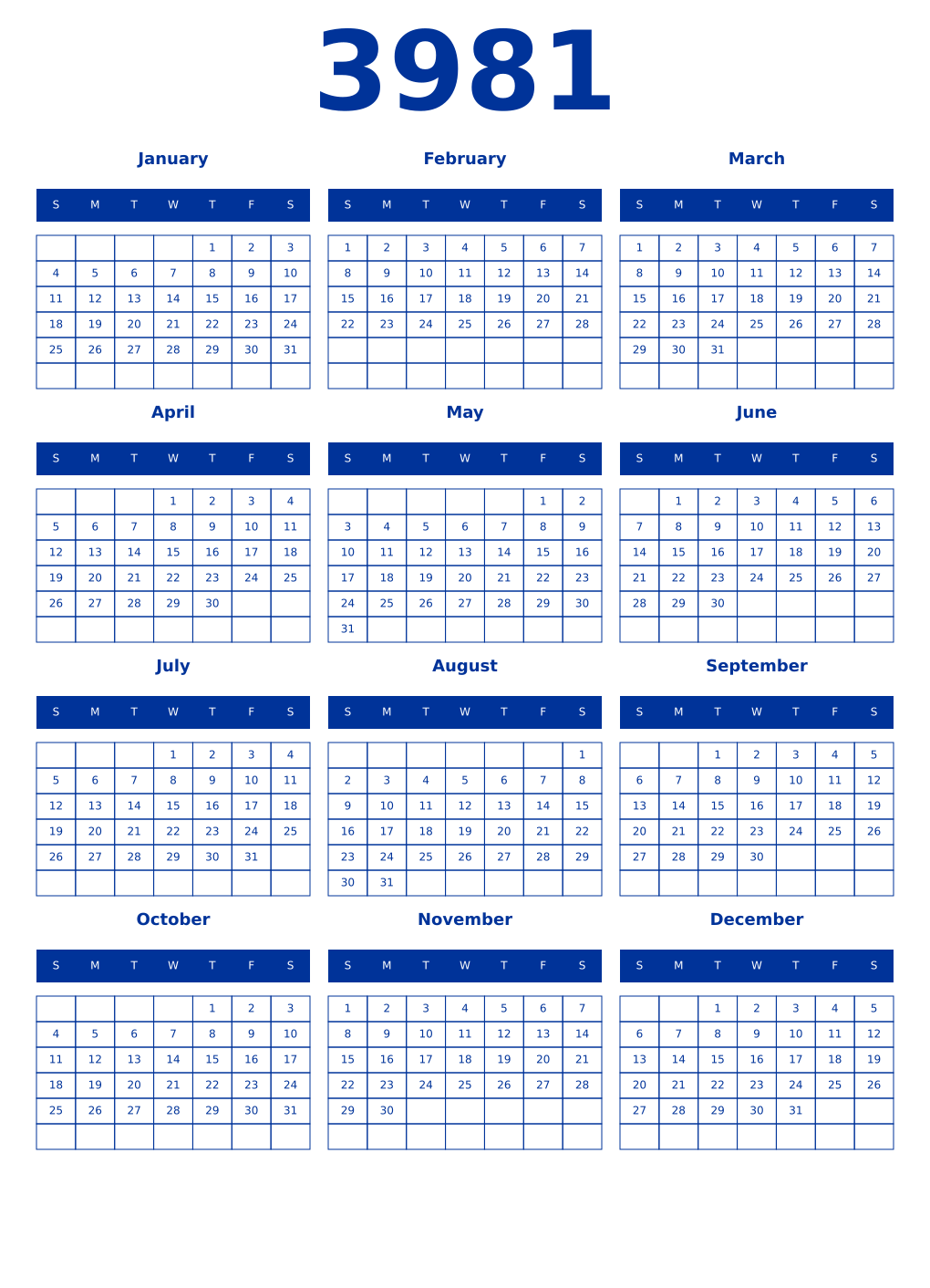 Printable 3981 Year Calendars smalt