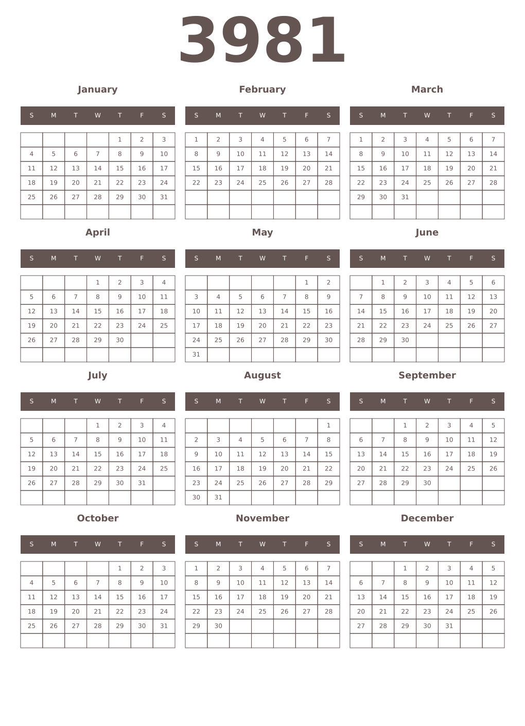 Printable 3981 Year Calendars wenge