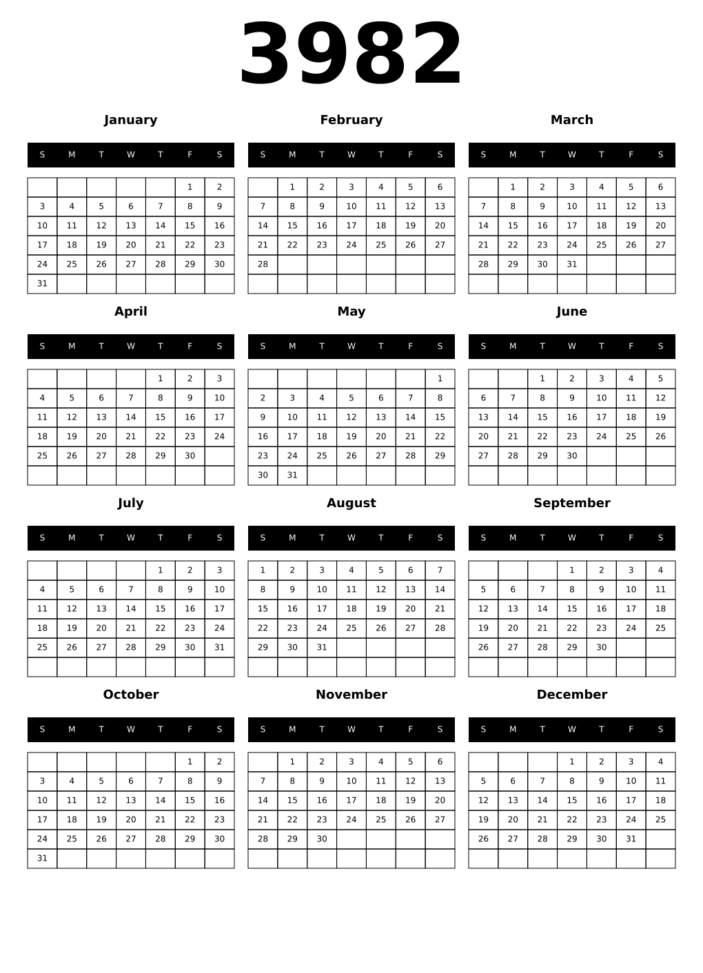 Printable 3982 Calendars