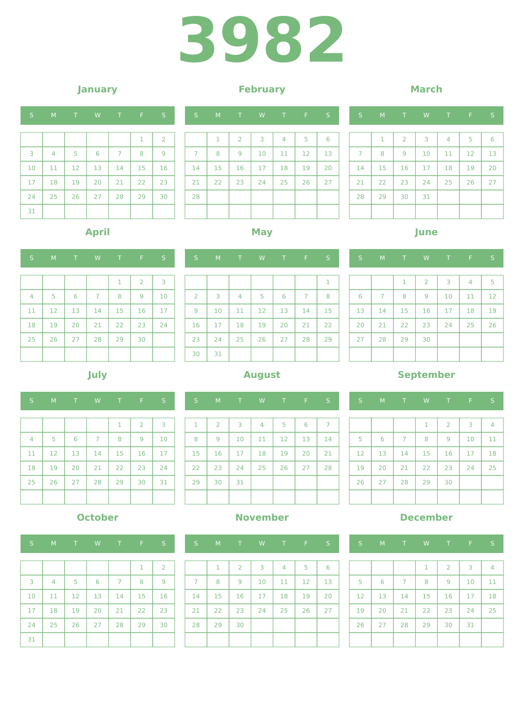 Printable 3982 Year Calendars celadon