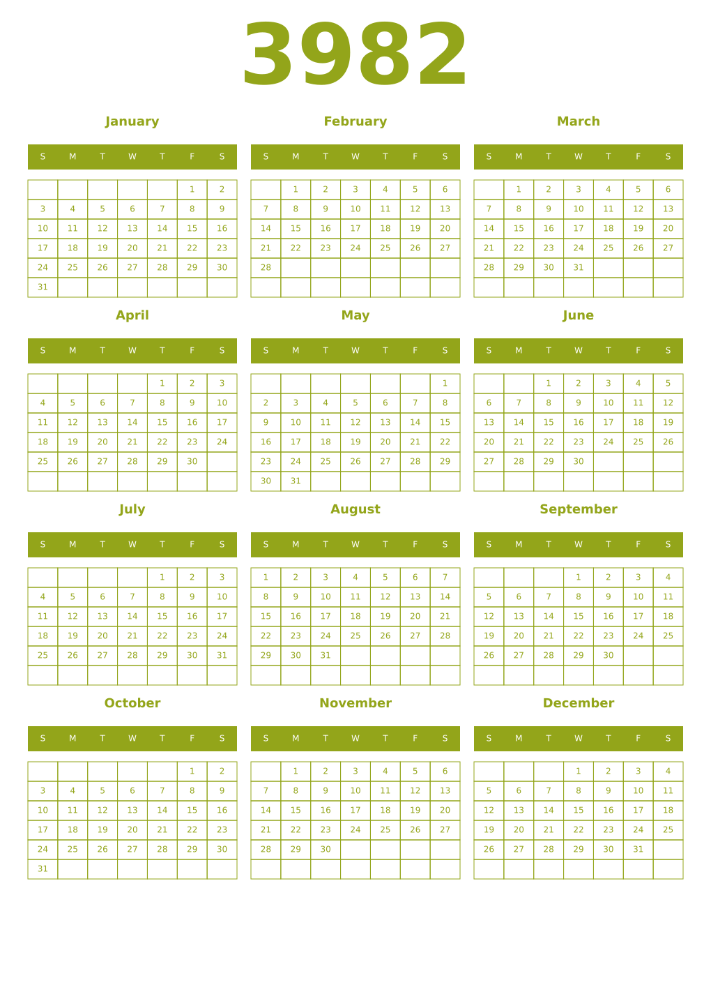 Printable 3982 Year Calendars chartreuse