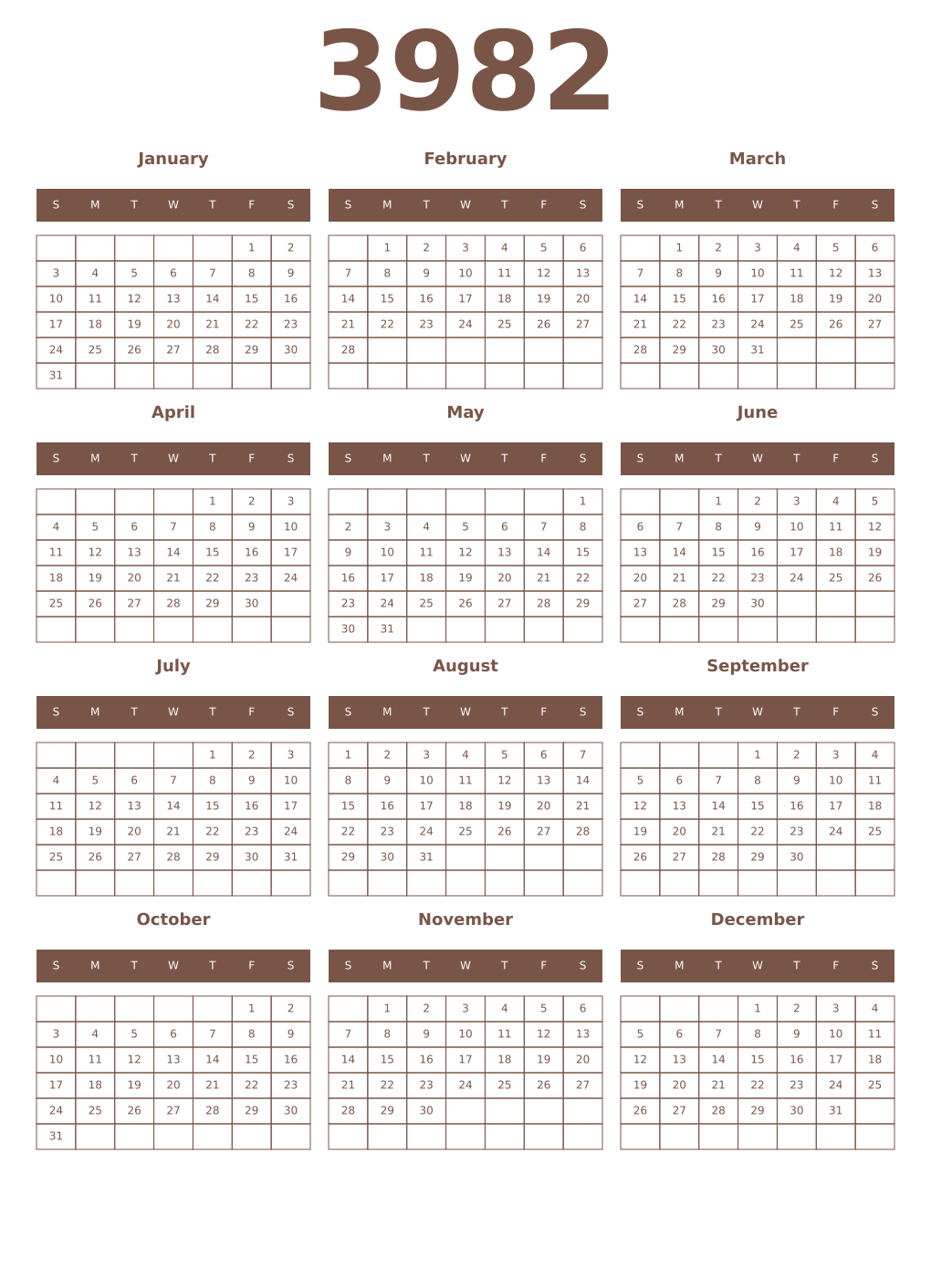 Printable 3982 Year Calendars coffe
