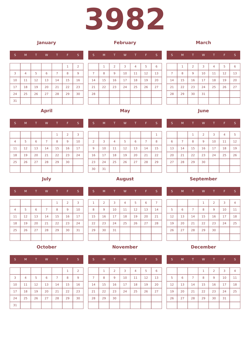 Printable 3982 Year Calendars cordovan