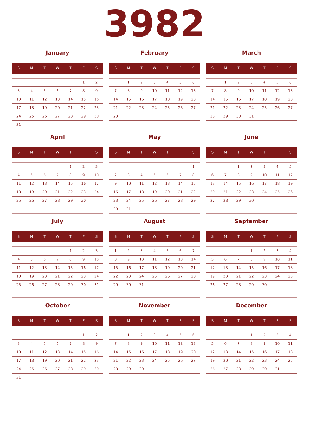 Printable 3982 Year Calendars falu