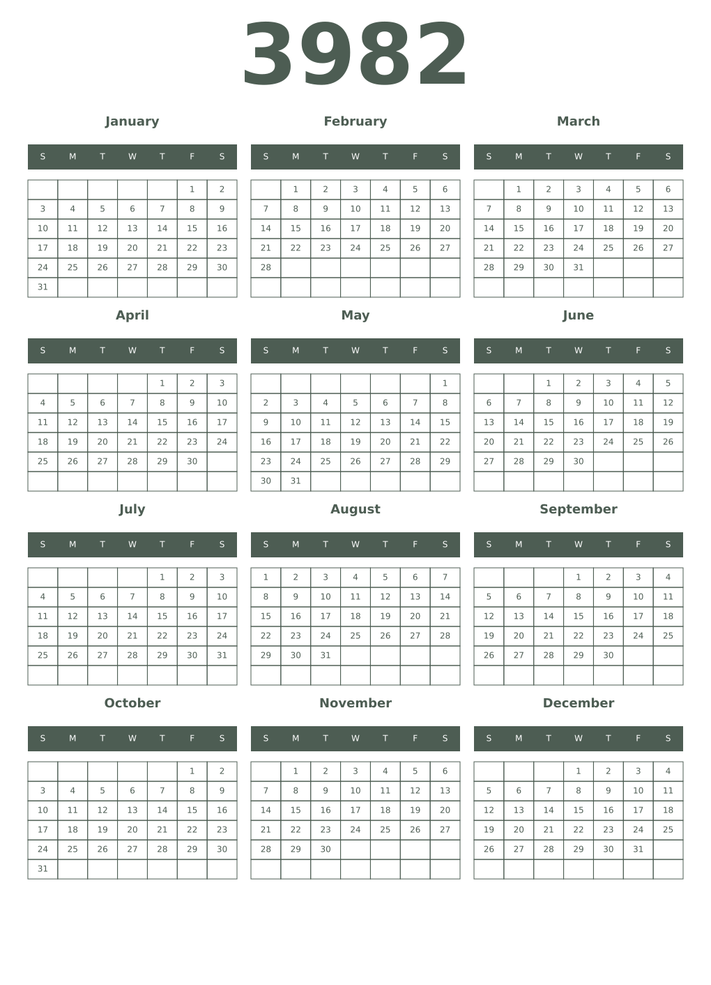 Printable 3982 Year Calendars feldgrau