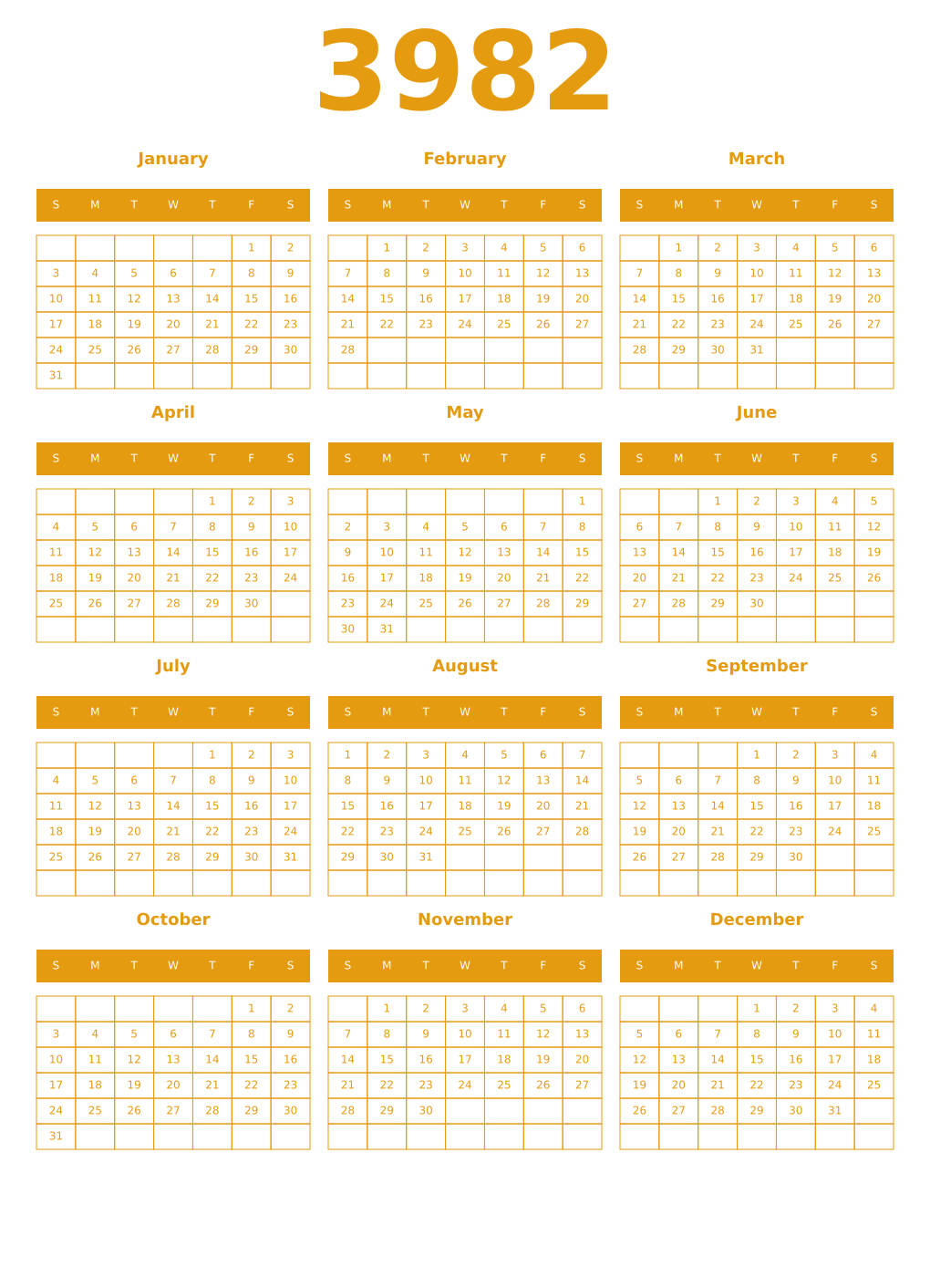 Printable 3982 Year Calendars gamboge