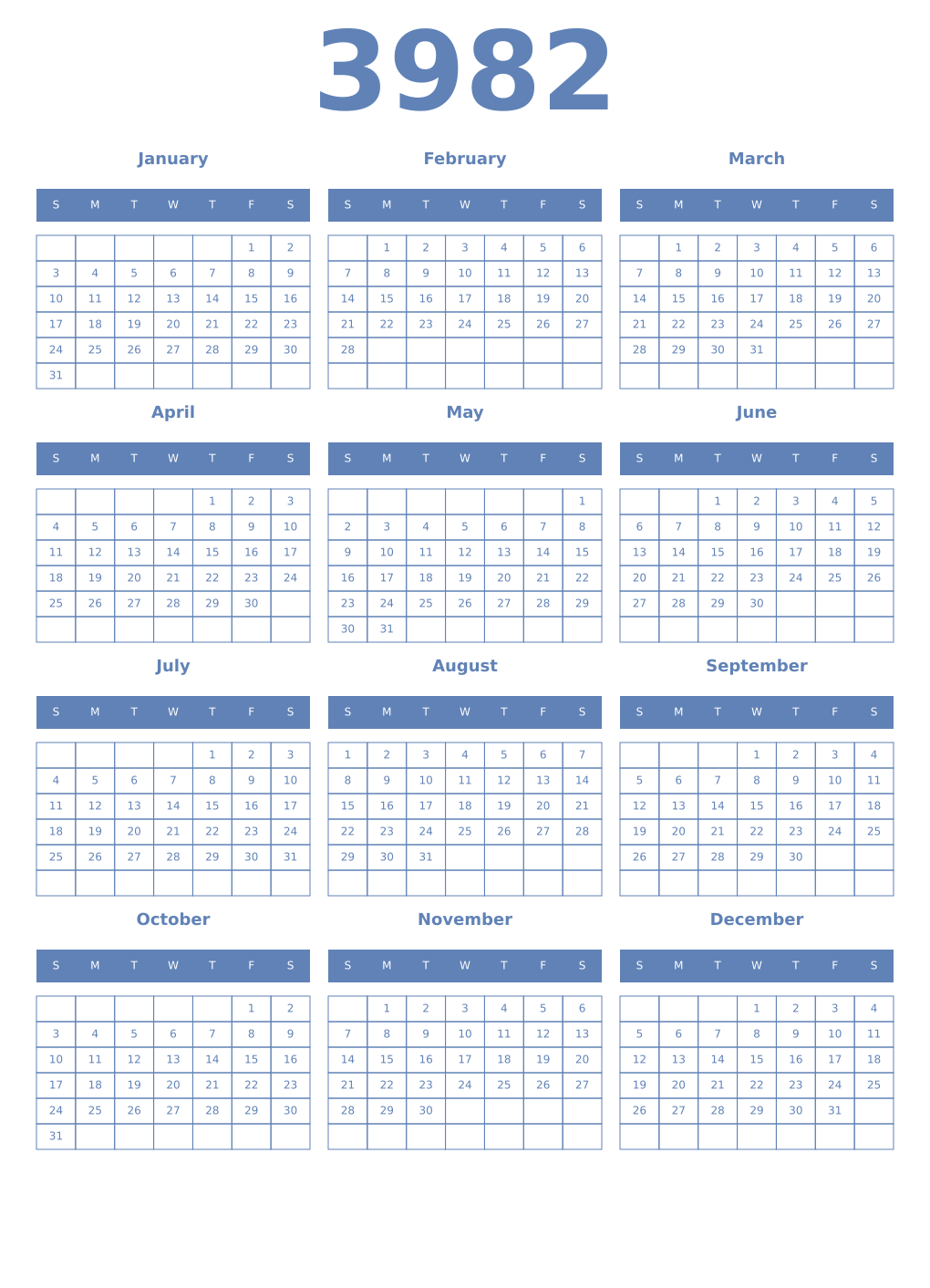 Printable 3982 Year Calendars glaucous