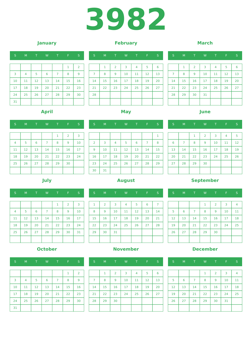 Printable 3982 Year Calendars green