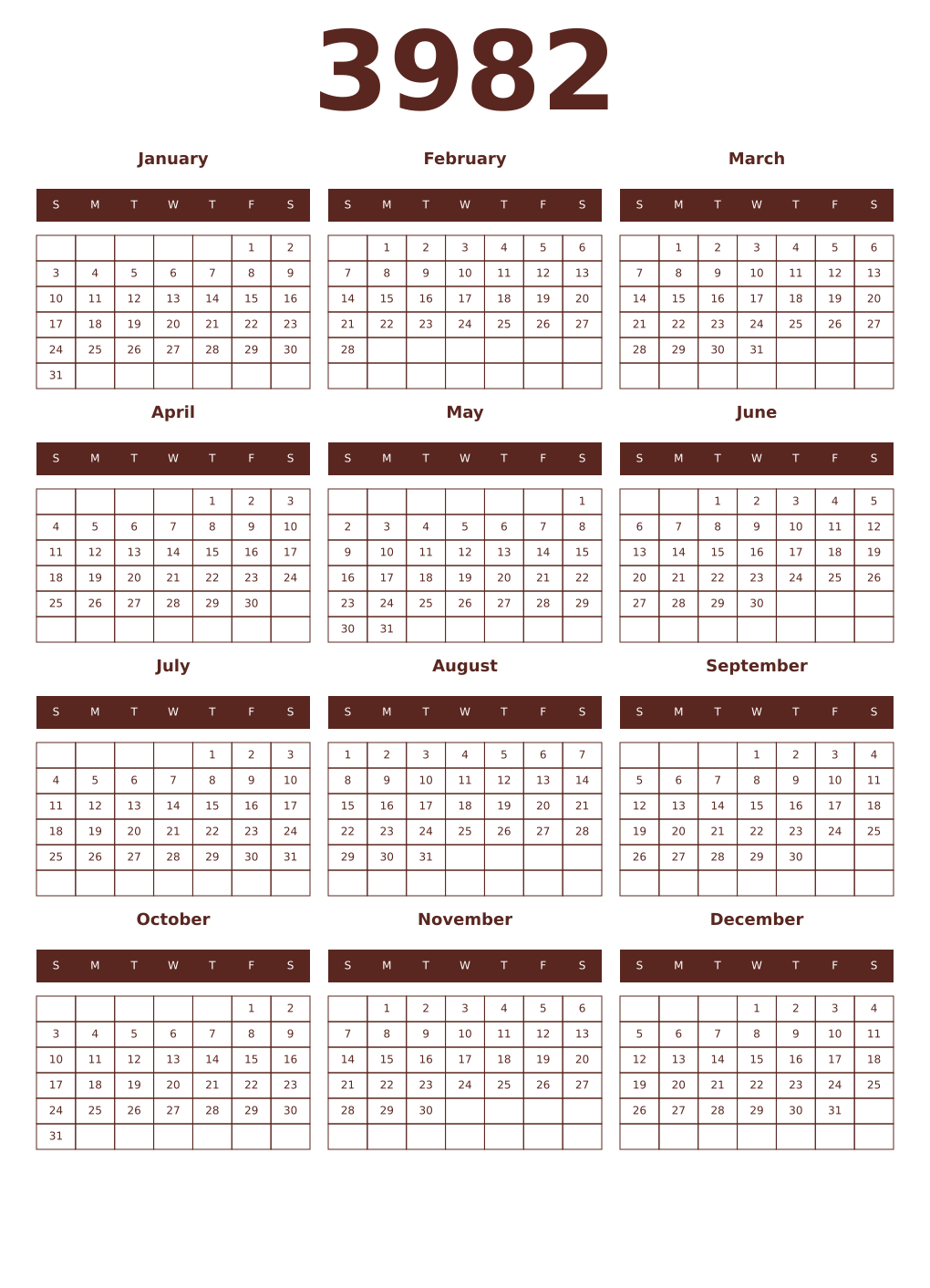 Printable 3982 Year Calendars mortuum