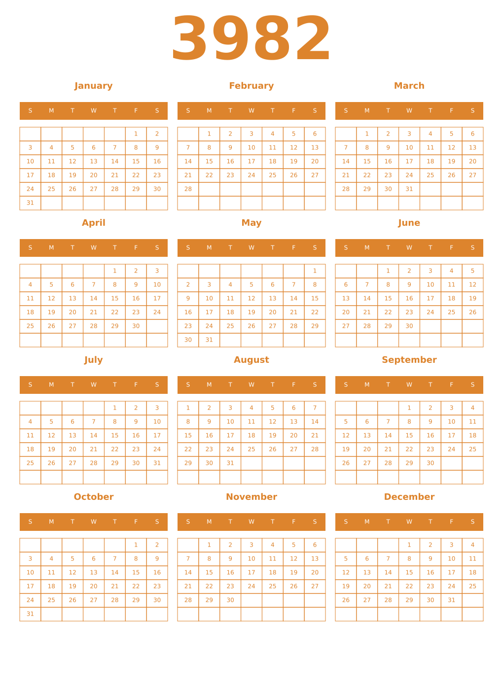 Printable 3982 Year Calendars orange