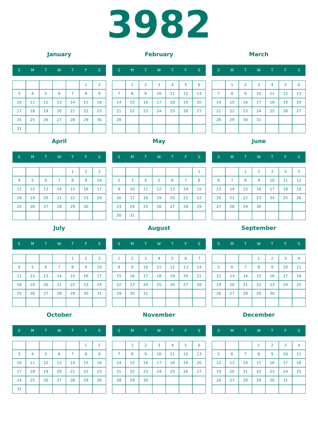 Printable 3982 Year Calendars pastel