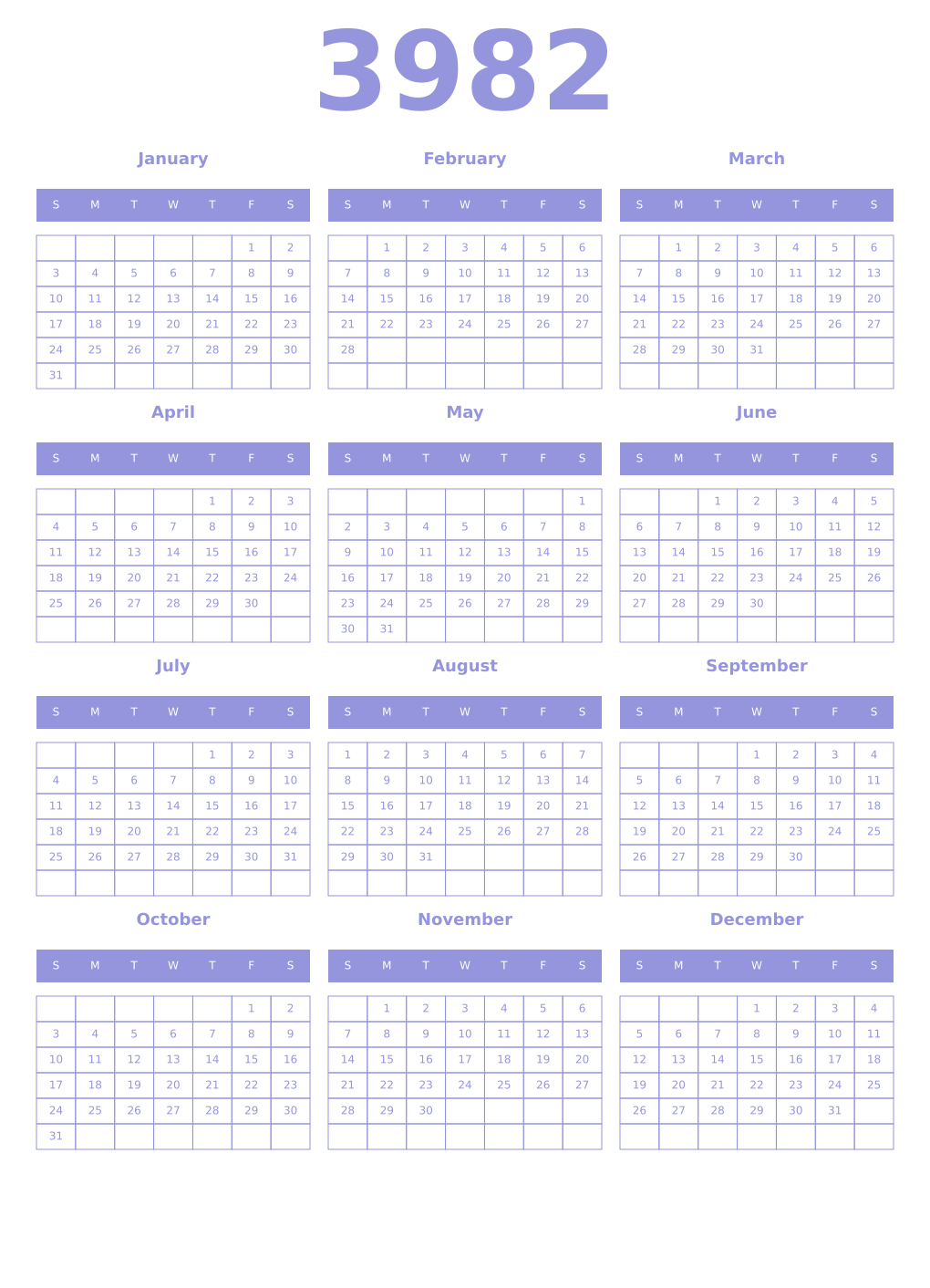 Printable 3982 Year Calendars periwinkle