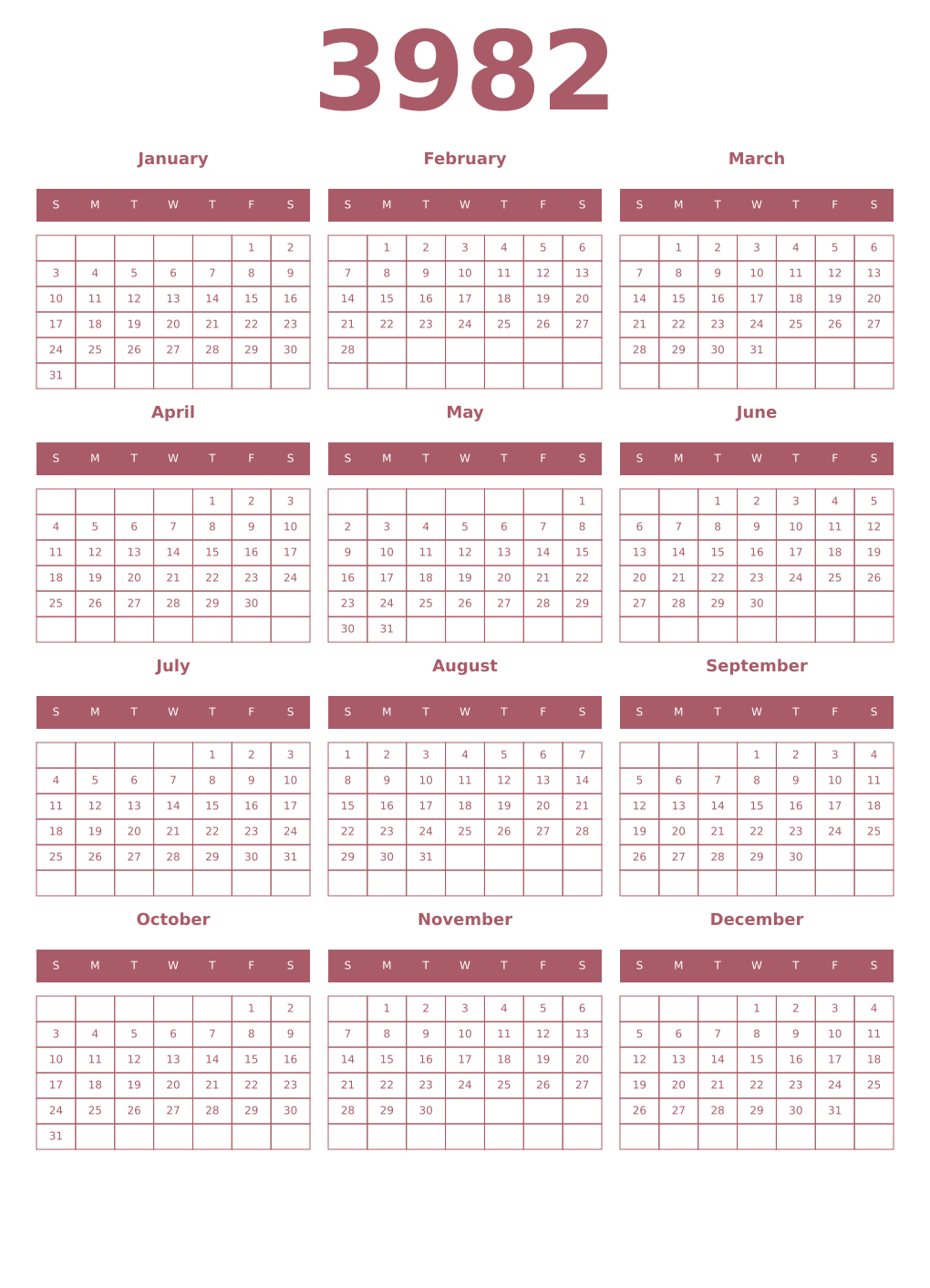 Printable 3982 Year Calendars puce