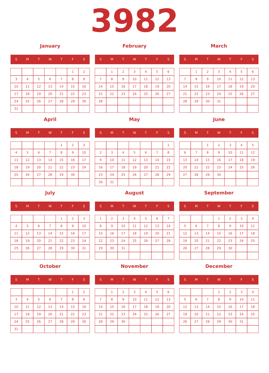 Printable 3982 Year Calendars red
