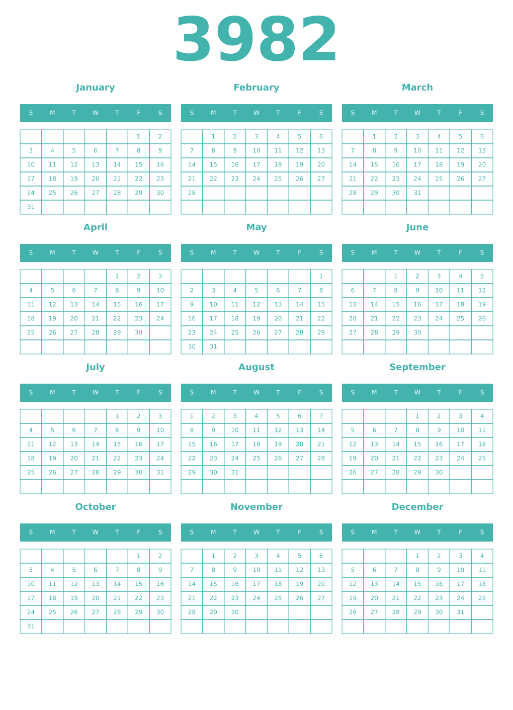 Printable 3982 Year Calendars verdigris