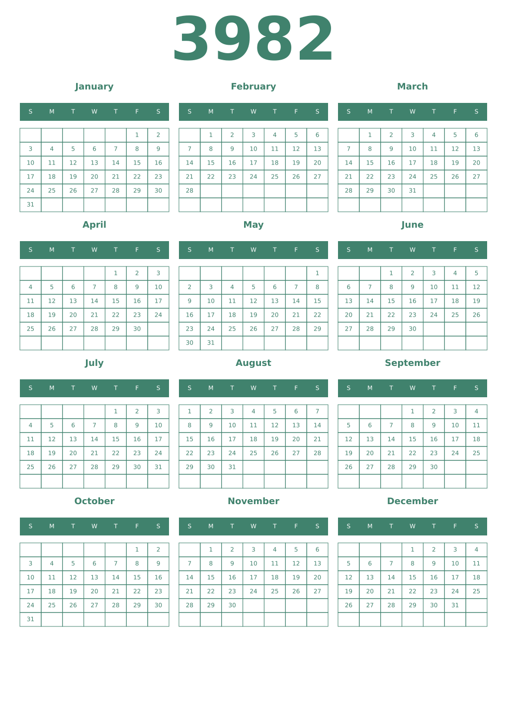 Printable 3982 Year Calendars viridian