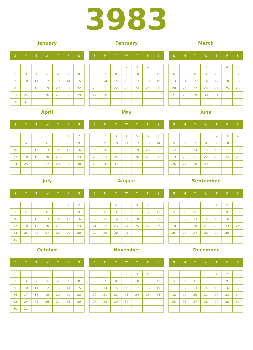 Printable 3983 Year Calendars chartreuse