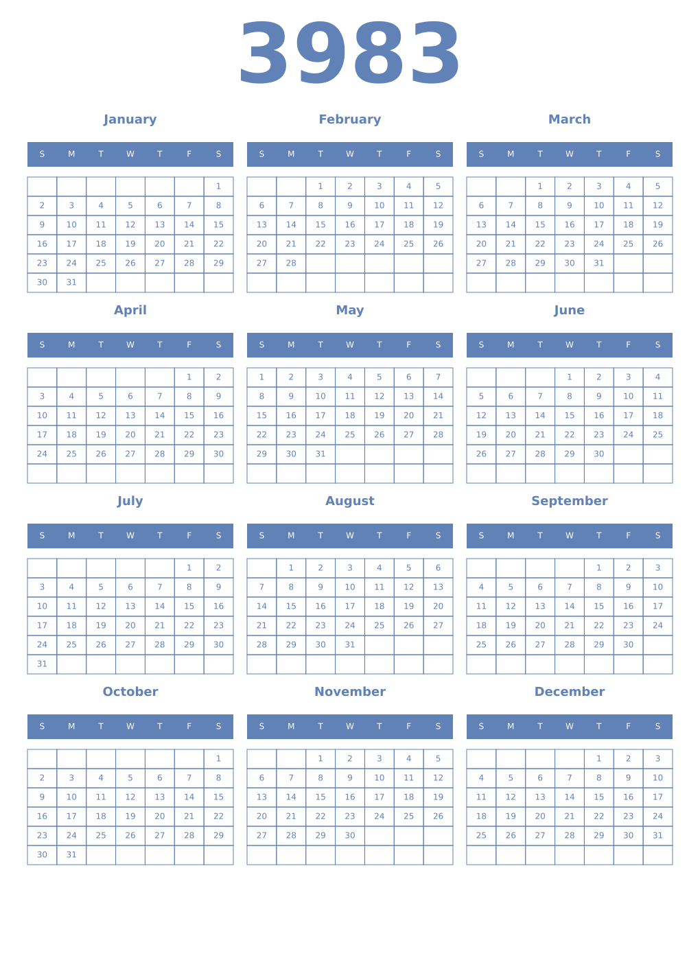 Printable 3983 Year Calendars glaucous
