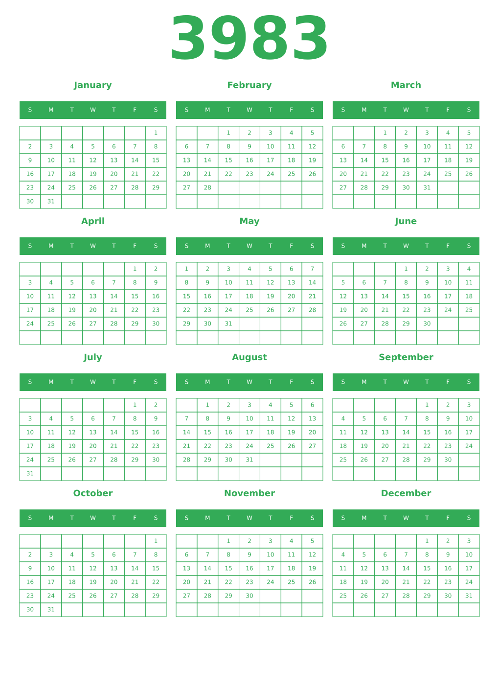 Printable 3983 Year Calendars green