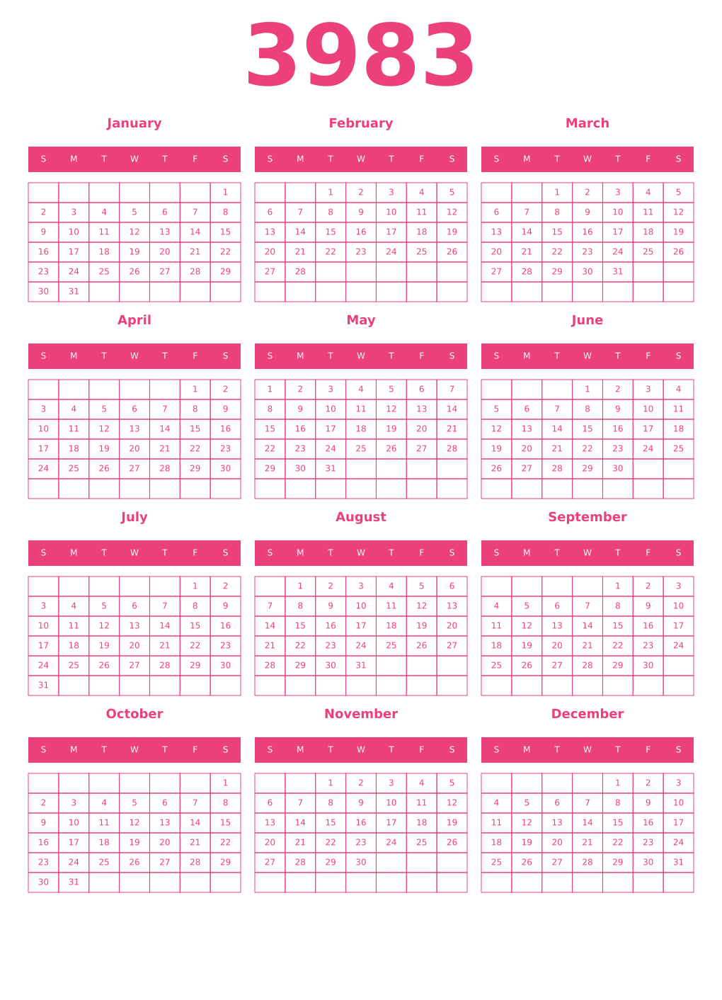 Printable 3983 Year Calendars pink