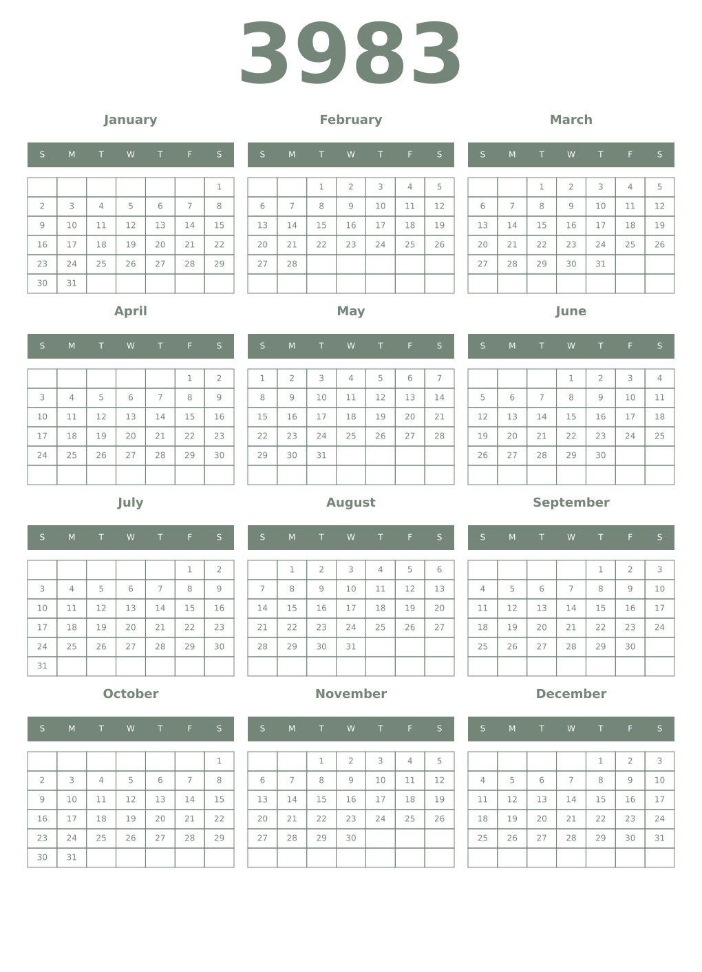 Printable 3983 Year Calendars xanadu